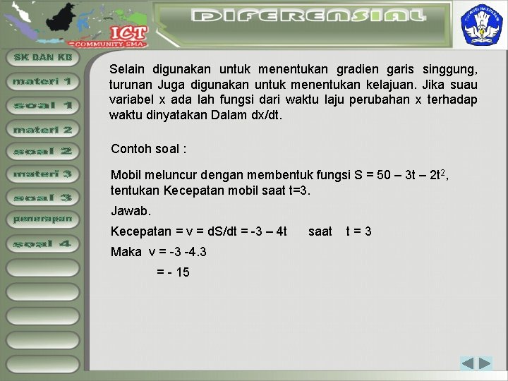 Selain digunakan untuk menentukan gradien garis singgung, turunan Juga digunakan untuk menentukan kelajuan. Jika