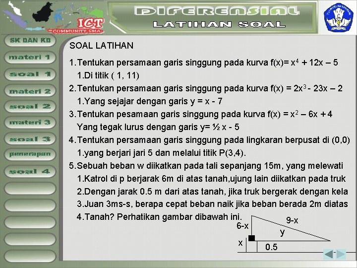 SOAL LATIHAN 1. Tentukan persamaan garis singgung pada kurva f(x)= x 4 + 12