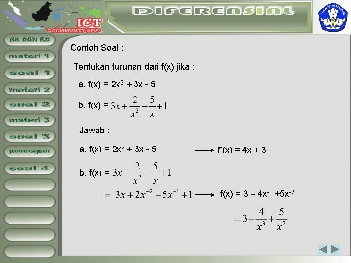 Contoh Soal : Tentukan turunan dari f(x) jika : a. f(x) = 2 x