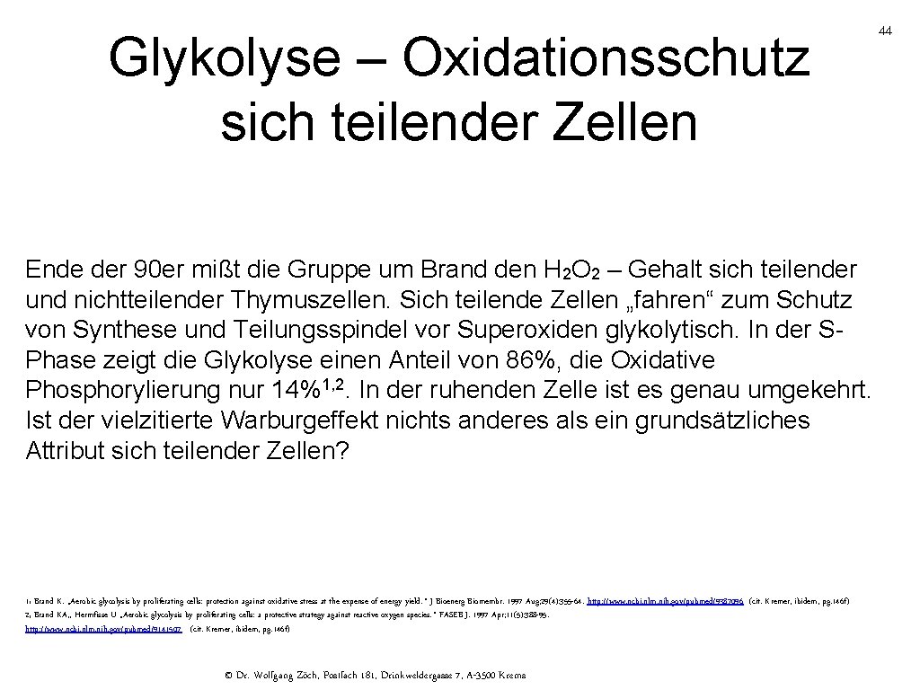 Glykolyse – Oxidationsschutz sich teilender Zellen 44 Ende der 90 er mißt die Gruppe