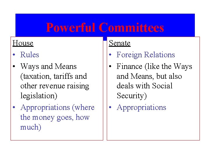 Powerful Committees House • Rules • Ways and Means (taxation, tariffs and other revenue