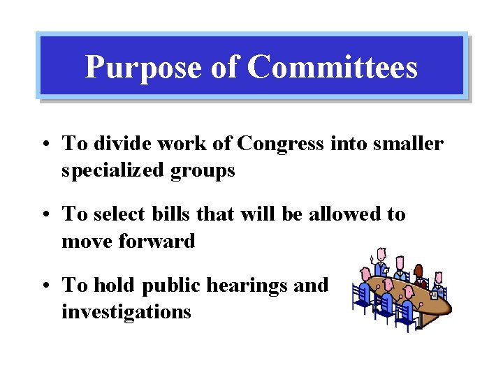 Purpose of Committees • To divide work of Congress into smaller specialized groups •