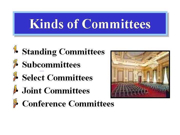 Kinds of Committees • • • Standing Committees Subcommittees Select Committees Joint Committees Conference