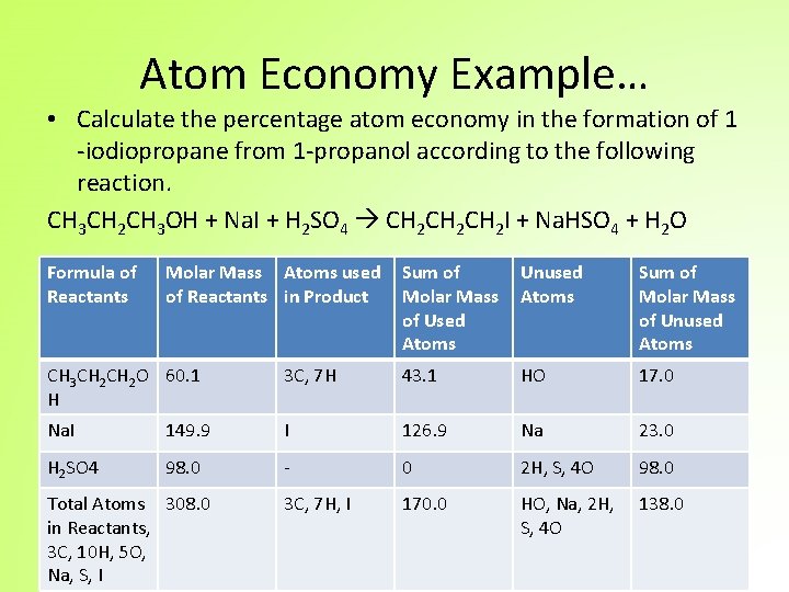 Atom Economy Example… • Calculate the percentage atom economy in the formation of 1