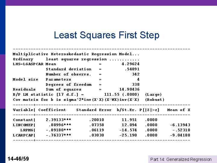 Least Squares First Step -----------------------------------Multiplicative Heteroskedastic Regression Model. . . Ordinary least squares regression.