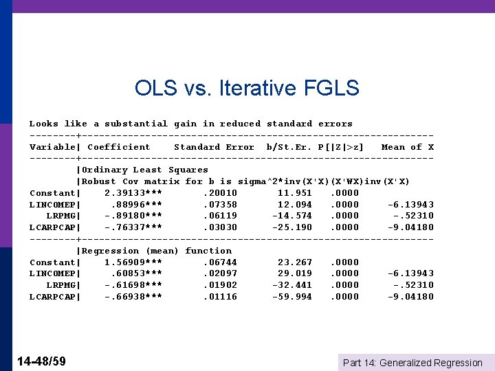 OLS vs. Iterative FGLS Looks like a substantial gain in reduced standard errors ----+------------------------------Variable|