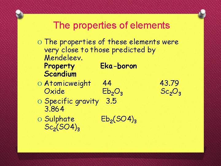 The properties of elements O The properties of these elements were very close to