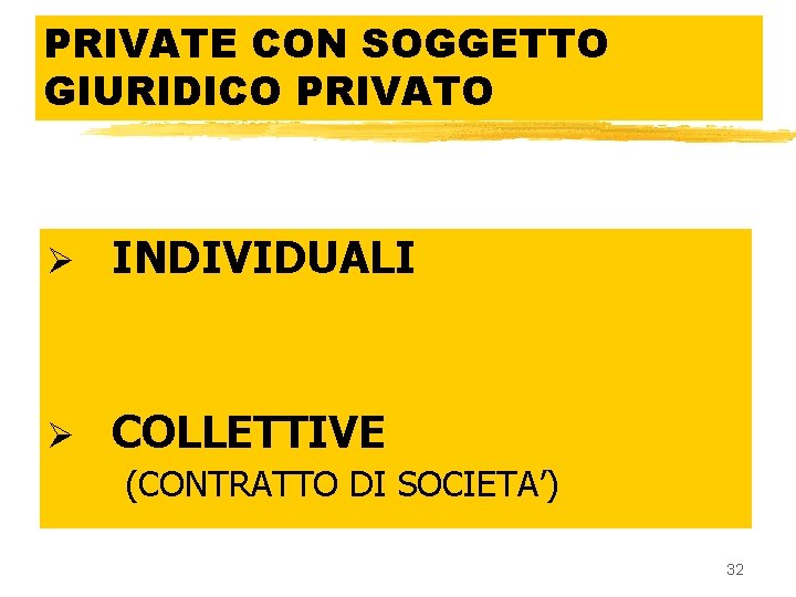 PRIVATE CON SOGGETTO GIURIDICO PRIVATO Ø INDIVIDUALI Ø COLLETTIVE (CONTRATTO DI SOCIETA’) 32 