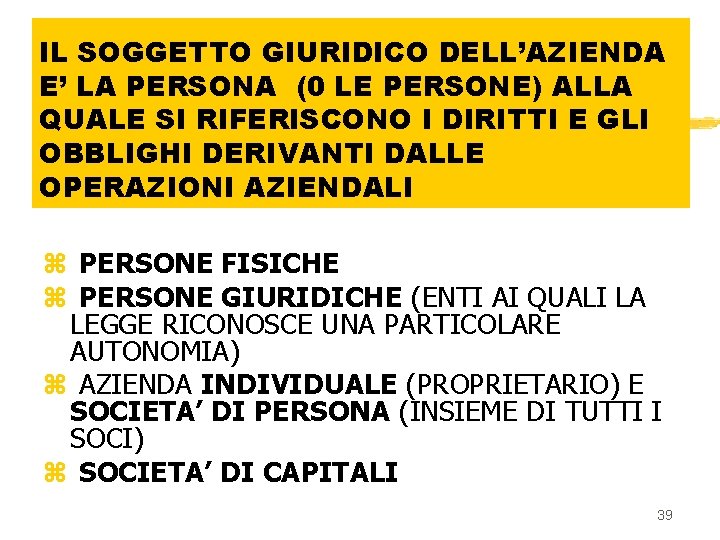 IL SOGGETTO GIURIDICO DELL’AZIENDA E’ LA PERSONA (0 LE PERSONE) ALLA QUALE SI RIFERISCONO