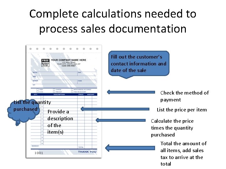 Complete calculations needed to process sales documentation Fill out the customer’s contact information and Complete calculations needed to process sales documentation Fill out the customer’s contact information and