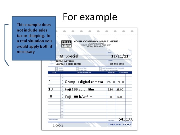 This example does not include sales tax or shipping. In a real situation you This example does not include sales tax or shipping. In a real situation you