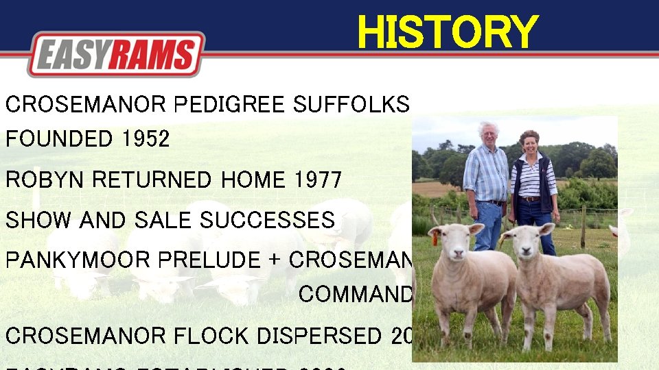 E 2 HISTORY CROSEMANOR PEDIGREE SUFFOLKS FOUNDED 1952 ROBYN RETURNED HOME 1977 SHOW AND E 2 HISTORY CROSEMANOR PEDIGREE SUFFOLKS FOUNDED 1952 ROBYN RETURNED HOME 1977 SHOW AND