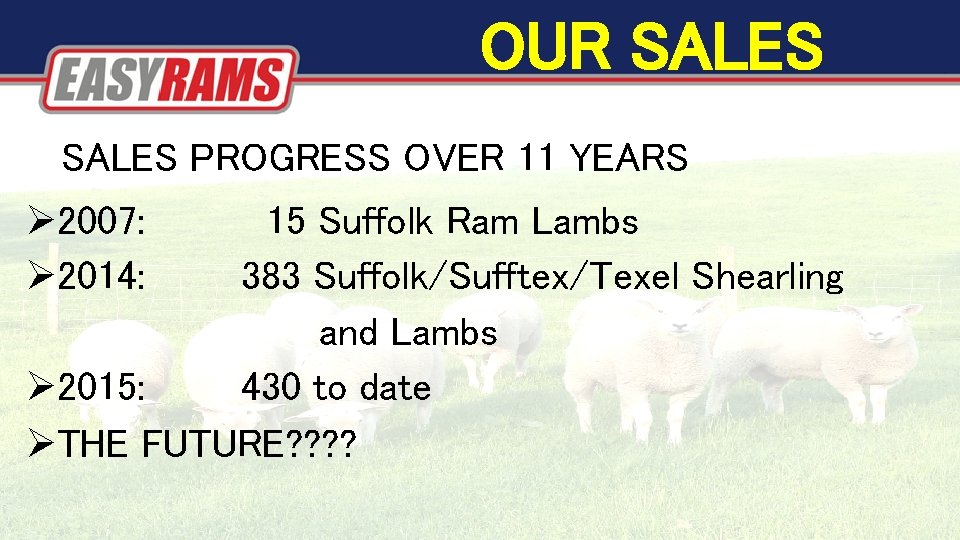 OUR SALES PROGRESS OVER 11 YEARS 2007: 2014: 15 Suffolk Ram Lambs 383 Suffolk/Sufftex/Texel OUR SALES PROGRESS OVER 11 YEARS 2007: 2014: 15 Suffolk Ram Lambs 383 Suffolk/Sufftex/Texel