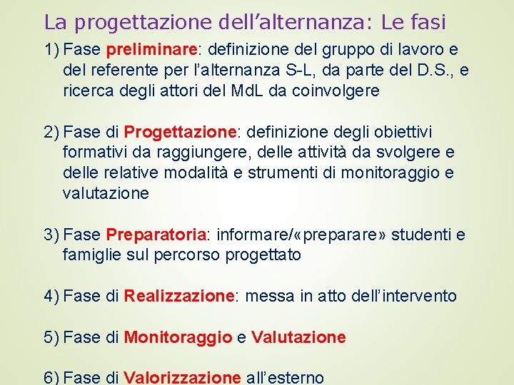 La progettazione dell’alternanza: Le fasi 1) Fase preliminare: definizione del gruppo di lavoro e