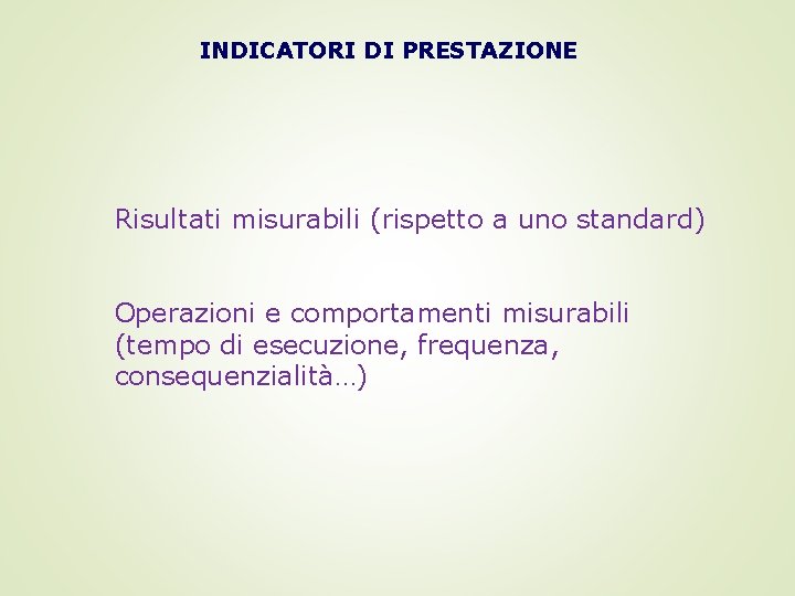 INDICATORI DI PRESTAZIONE Risultati misurabili (rispetto a uno standard) Operazioni e comportamenti misurabili (tempo