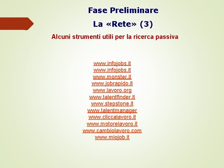 Fase Preliminare La «Rete» (3) Alcuni strumenti utili per la ricerca passiva www. infojobs.