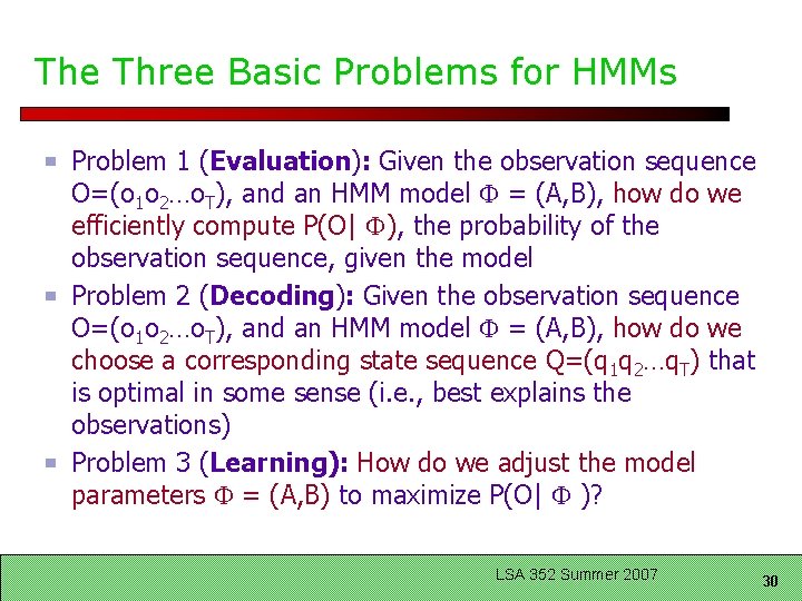 The Three Basic Problems for HMMs Problem 1 (Evaluation): Given the observation sequence O=(o