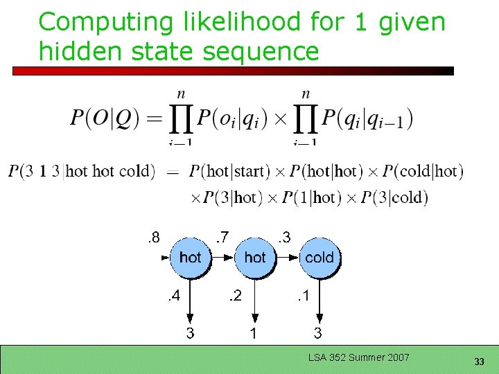 Computing likelihood for 1 given hidden state sequence LSA 352 Summer 2007 33 