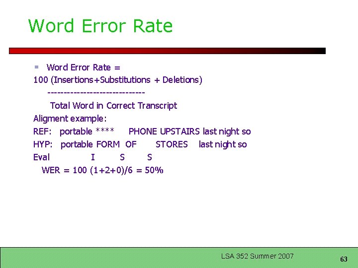 Word Error Rate = 100 (Insertions+Substitutions + Deletions) ---------------Total Word in Correct Transcript Aligment