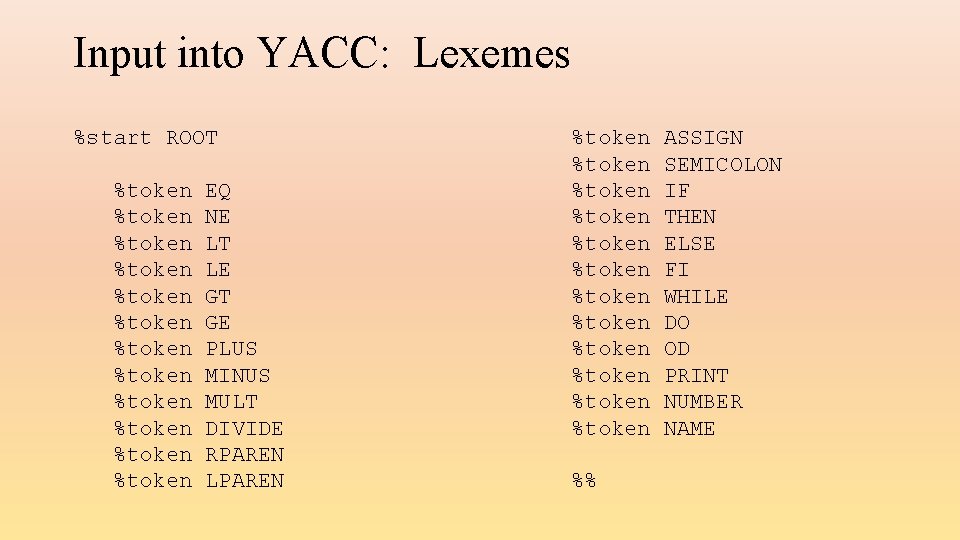 Input into YACC: Lexemes %start ROOT %token %token %token EQ NE LT LE GT