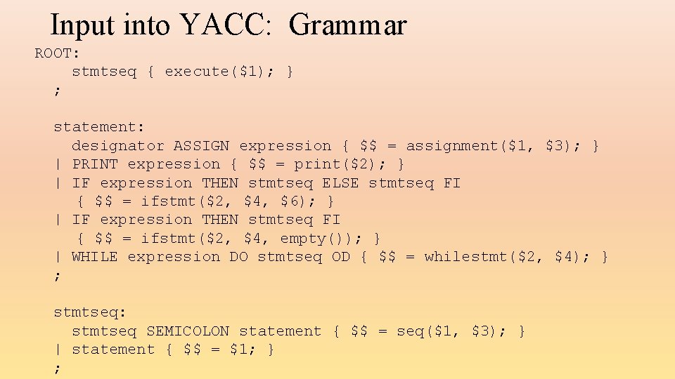 Input into YACC: Grammar ROOT: stmtseq { execute($1); } ; statement: designator ASSIGN expression