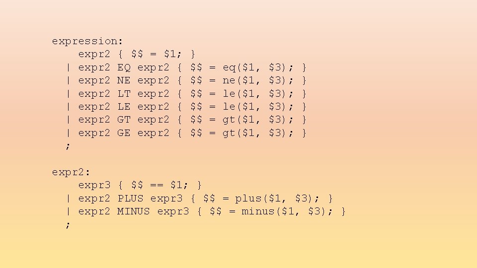 expression: expr 2 { $$ = $1; | expr 2 EQ expr 2 {