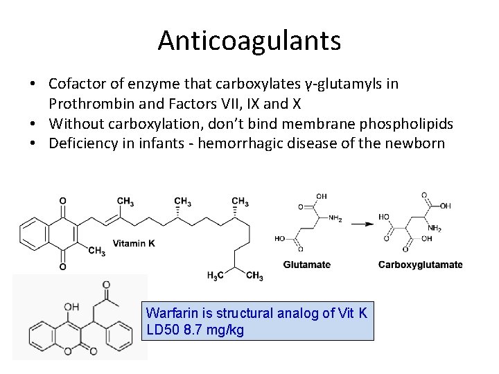 Anticoagulants • Cofactor of enzyme that carboxylates γ-glutamyls in Prothrombin and Factors VII, IX