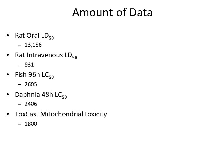 Amount of Data • Rat Oral LD 50 – 13, 156 • Rat Intravenous