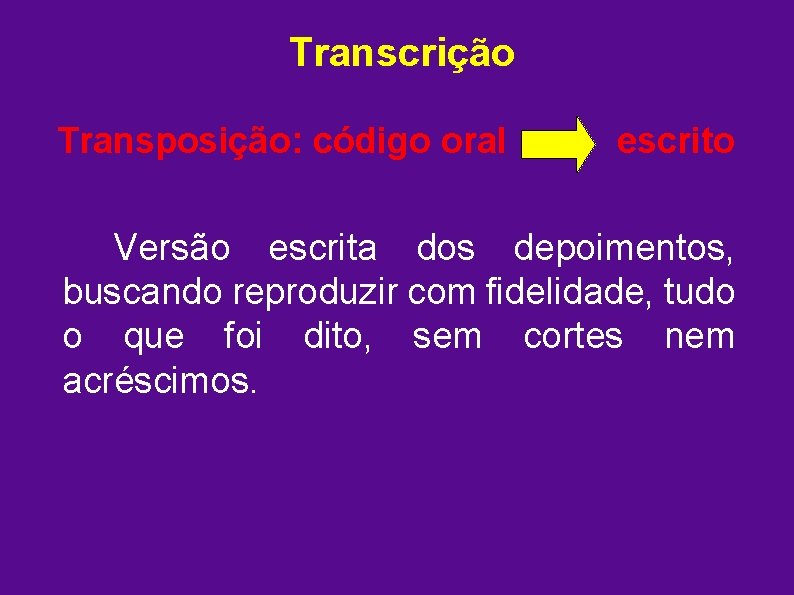 Transcrição Transposição: código oral escrito Versão escrita dos depoimentos, buscando reproduzir com fidelidade, tudo