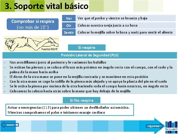 3. Soporte vital básico Comprobar si respira (no más de 10¨) Fuente INSHT Ver