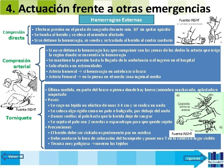 4. Actuación frente a otras emergencias Hemorragias Externas Compresión directa • Efectuar presión en