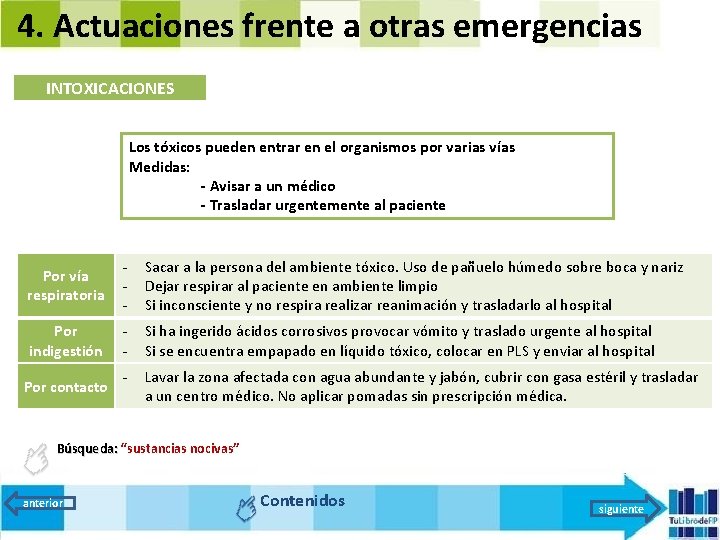 4. Actuaciones frente a otras emergencias INTOXICACIONES Los tóxicos pueden entrar en el organismos