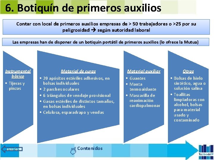 6. Botiquín de primeros auxilios Contar con local de primeros auxilios empresas de >