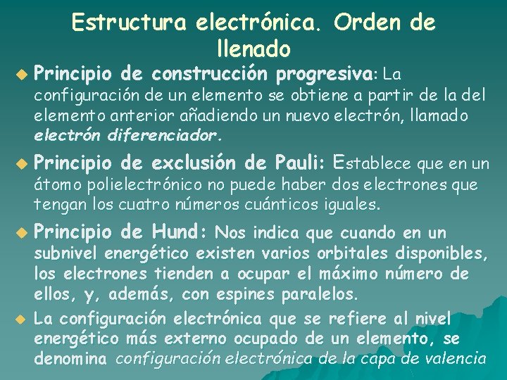 Estructura electrónica. Orden de llenado u Principio de construcción progresiva: La u Principio de