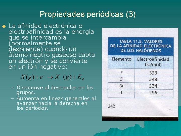 Propiedades periódicas (3) u La afinidad electrónica o electroafinidad es la energía que se