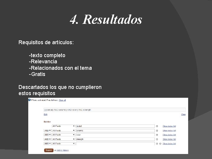 4. Resultados Requisitos de artículos: -texto completo -Relevancia -Relacionados con el tema -Gratis Descartados