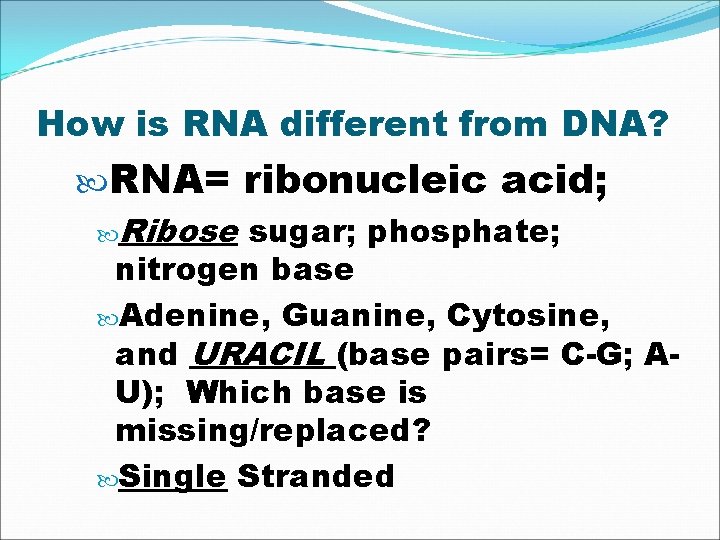 How is RNA different from DNA? RNA= ribonucleic acid; Ribose sugar; phosphate; nitrogen base