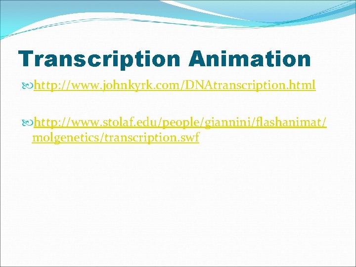 Transcription Animation http: //www. johnkyrk. com/DNAtranscription. html http: //www. stolaf. edu/people/giannini/flashanimat/ molgenetics/transcription. swf 