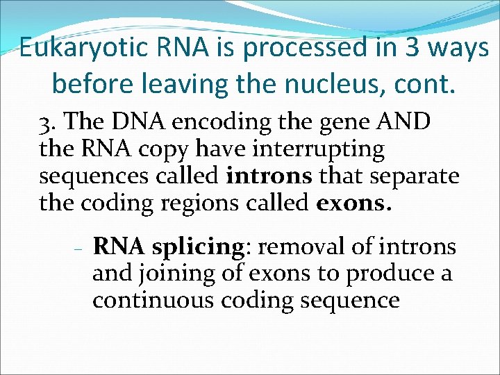 Eukaryotic RNA is processed in 3 ways before leaving the nucleus, cont. 3. The
