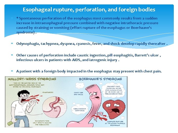 Esophageal rupture, perforation, and foreign bodies * Spontaneous perforation of the esophagus most commonly