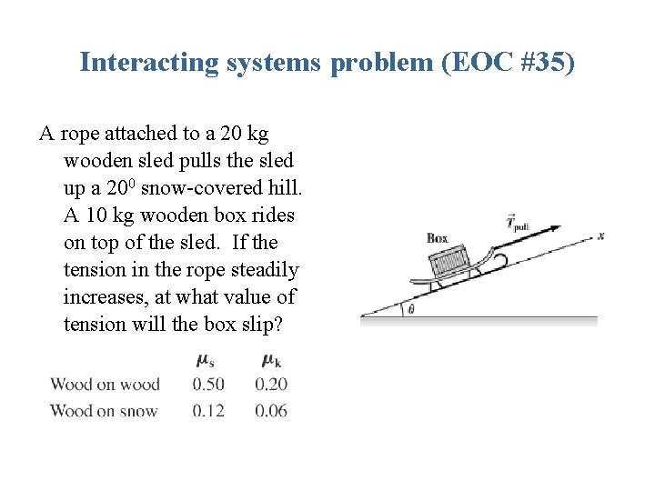 Interacting systems problem (EOC #35) A rope attached to a 20 kg wooden sled Interacting systems problem (EOC #35) A rope attached to a 20 kg wooden sled