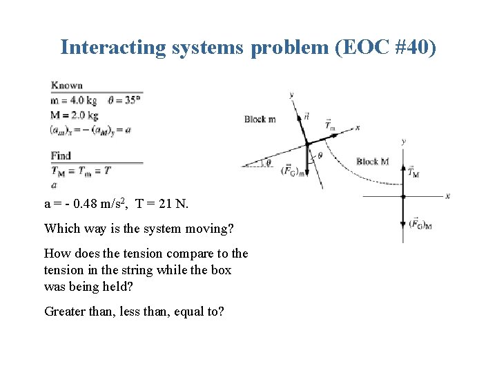 Interacting systems problem (EOC #40) a = - 0. 48 m/s 2, T = Interacting systems problem (EOC #40) a = - 0. 48 m/s 2, T =