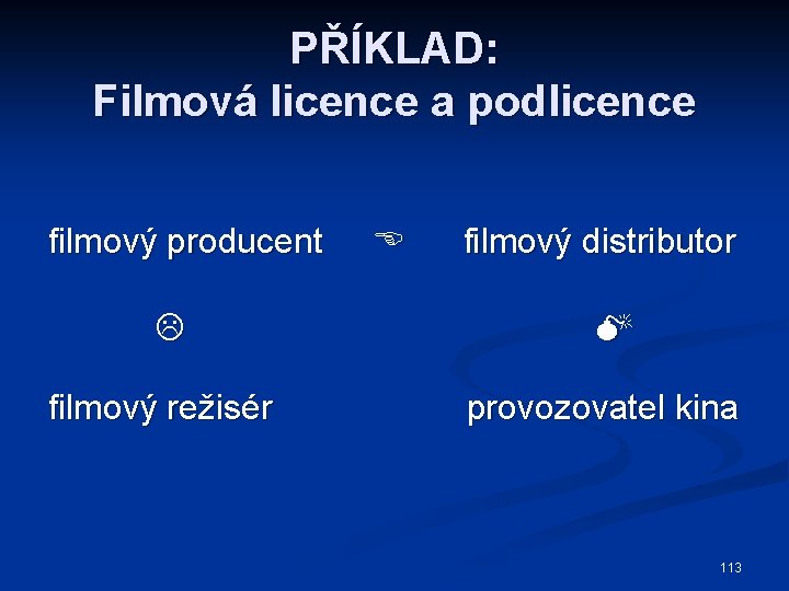 PŘÍKLAD: Filmová licence a podlicence filmový producent filmový režisér filmový distributor provozovatel kina 113