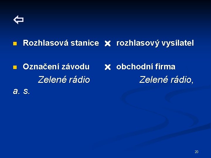  n Rozhlasová stanice rozhlasový vysílatel n Označení závodu Zelené rádio obchodní firma Zelené