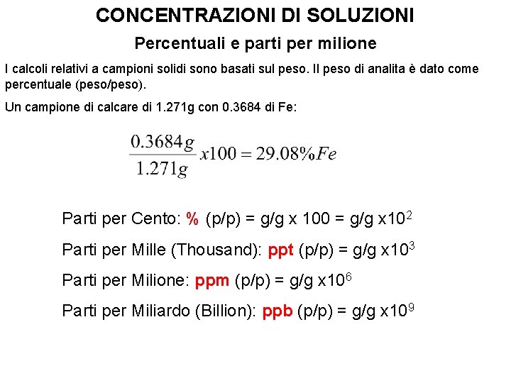 CONCENTRAZIONI DI SOLUZIONI Percentuali e parti per milione I calcoli relativi a campioni solidi CONCENTRAZIONI DI SOLUZIONI Percentuali e parti per milione I calcoli relativi a campioni solidi