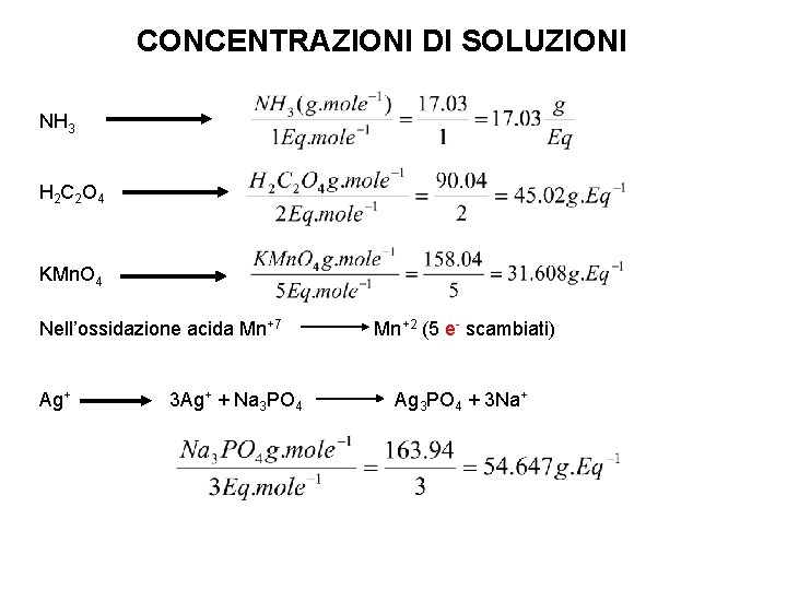CONCENTRAZIONI DI SOLUZIONI NH 3 H 2 C 2 O 4 KMn. O 4 CONCENTRAZIONI DI SOLUZIONI NH 3 H 2 C 2 O 4 KMn. O 4