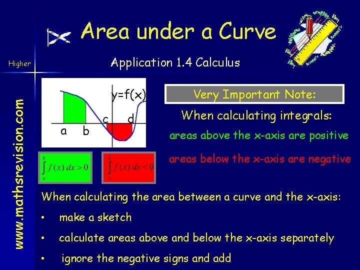 Area under a Curve Application 1. 4 Calculus www. mathsrevision. com Higher a b