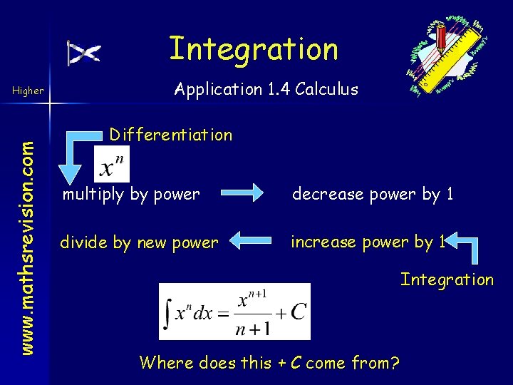 Integration www. mathsrevision. com Higher Application 1. 4 Calculus Differentiation multiply by power decrease