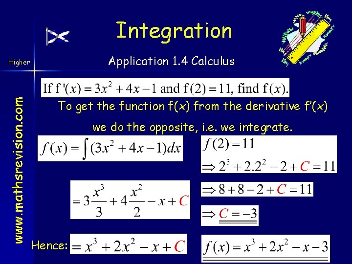 Integration Application 1. 4 Calculus www. mathsrevision. com Higher To get the function f(x)