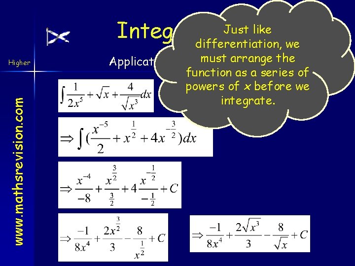 Just like Integration differentiation, we www. mathsrevision. com Higher must arrange the Application 1.